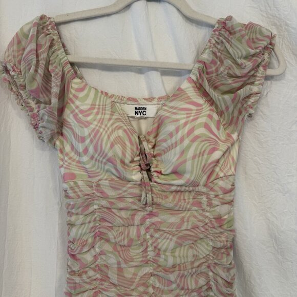 Madden NYC Bodycon Dress XS Ruched Pink Green Swirl Y2K Milkmaid Sheer Mesh Sexy - Picture 3 of 14